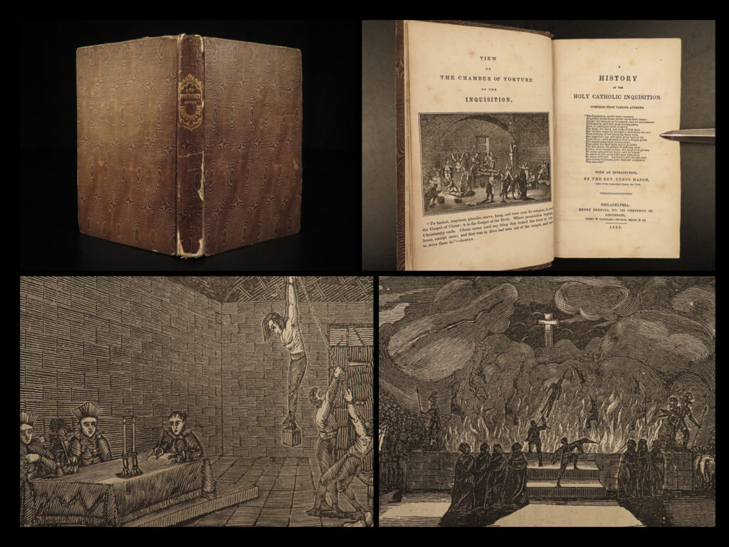 1835 inquisition torture 1ed catholic vs protestant heretics america illustrated |   countless books have been published regarding the catholic inquisition. However, in 1835 a rather obscure history of the inquisition appeared in philadelphia. This short american, protestant perspective of the inquisition contains anti-catholic sentiments along with numerous, impressive woodcut illustrations throughout, including views of brutal torture scenes!