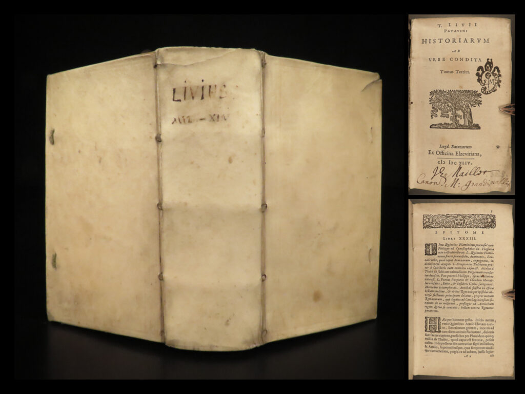 1644 livy history of rome gladiators hannibal punic wars elzevier vellum rare | <em>“men of outstanding ability are more likely to lack the power of controlling their own people than of defeating an enemy in battle. ” </em> ― livy<em>, the history of rome </em> <em> </em> few works on the history of rome are as important and impactful as livy’s ‘<em>ab urbe condita</em>’ or ‘<em>histories’</em>. Livy began working on this work at the end of the 1<sup>st</sup>-century bc and covers the earliest times and the foundation of rome through the reign of caesar augustus. <em> </em> while any edition of livy is desirable, this particular volume is from the 1644 elzevier edition. Notable topics covered in the third volume include: <ul> <li>the spectacle of roman gladiators</li> <li>the military delegations of hannibal, carthage conquests of rome in the punic wars</li> <li>influence of scipio africanus during the second punic war</li> <li>pyrrhus, king of epirus and the battle of argis</li> </ul>