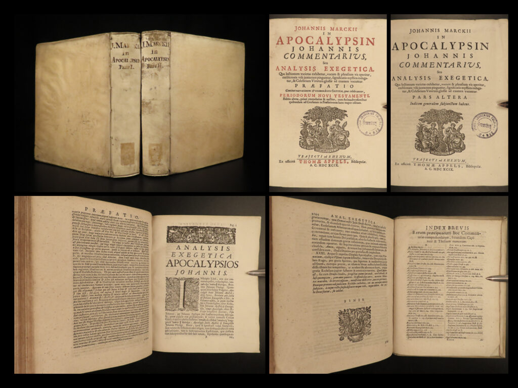 1699 dutch marckius on bible & revelation apocalypse eschatology 2v vellum rare | johannes marckius was a 17<sup>th</sup>-century dutch theologian who is best known for his exegetical commentary on passages from the old and new testaments. His book ‘<em>apocalypsin johannis commentarius</em>’ is markius’s commentary on the book of revelation. It also contains a historical treatise on the ‘seven celebrated periods’ of the new testament.