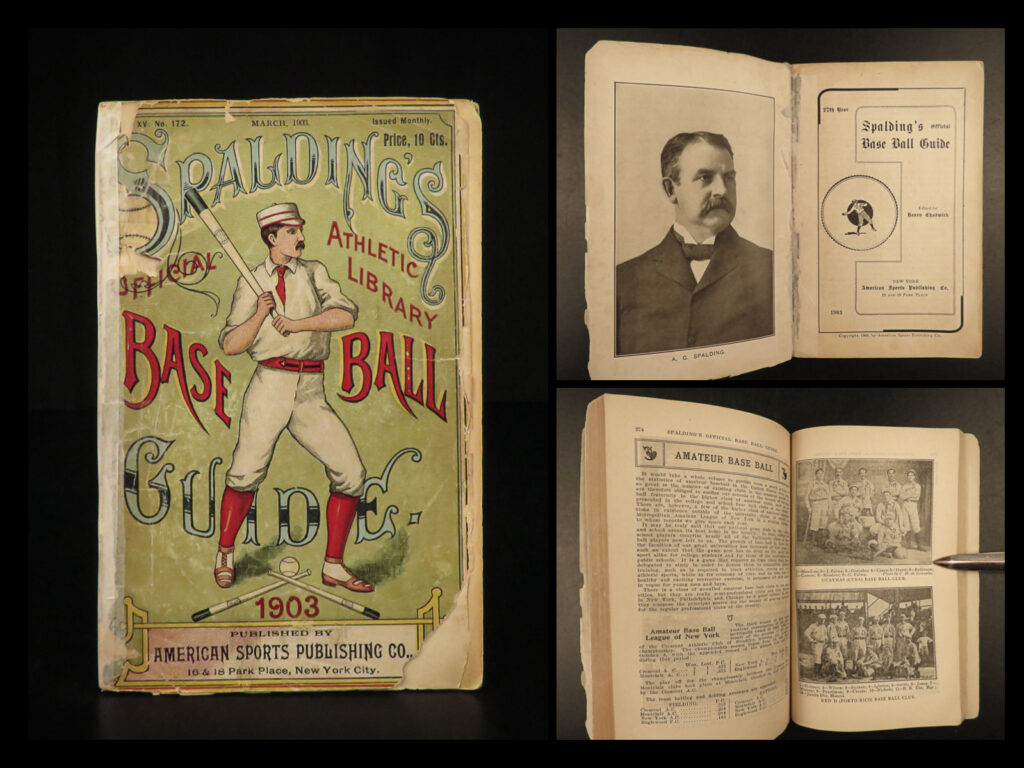 1903 1ed spalding baseball guide nap lajoie mathewson cy young honus wagner | spalding ‘<em>official baseball guides’</em> are some of the most popular early 20<sup>th</sup>-century baseball memorabilia on the market. Spalding published a yearly baseball guide that included team photos, portraits and action shots of individual ball players, player statistics, a history of the game, and extensive sections on rules and gameplay.   the 1903 edition of ‘<em>baseball guide’</em> is from the era of some of the most iconic players of the dead-ball era including nap lajoie, honus wagner, christy mathewson, and cy young.