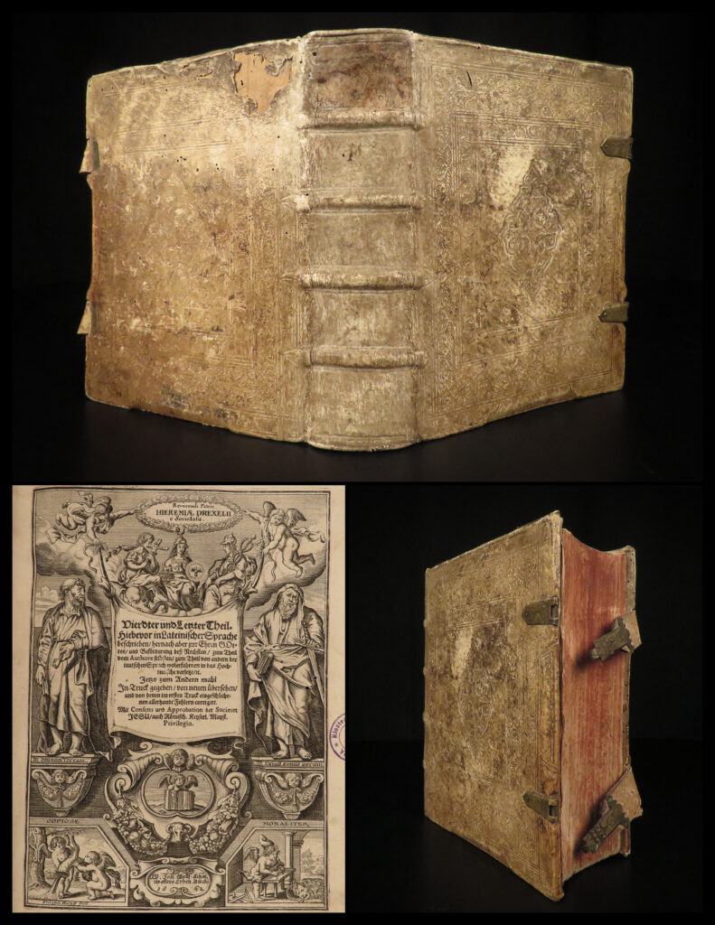 1662 jesuit drexel bible & commentary rare esoteric art german pigskin clasps | <em>“all wizards and witches are the professed and sworn enemies of god. O prince, o king, let not witches live! ”</em> <em> </em>– jeremias drexel   jeremias drexel was a 17<sup>th</sup>-century jesuit writer and preacher, who ultimately gave up preaching to teach and write. His works surround christian living, truth, and virtues of life. This tome from the 1662 edition of the complete works of drexel includes his commentary on old testament books.   an impressive vellum-bound tome!  