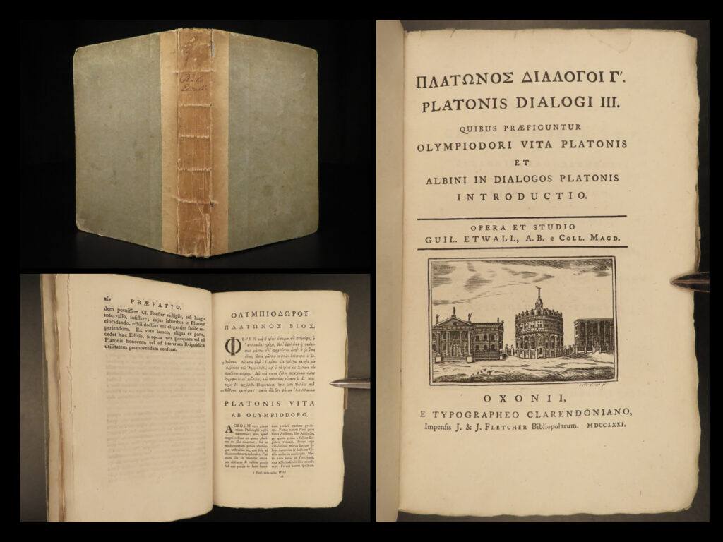 1771 plato dialogues republic socrates alcibiades greek philosophy oxford latin |   <em>“be kind, for everyone you meet is fighting a harder battle. ” </em> ― plato   a rare 18<sup>th</sup>-century printing of the works of plato, edited by william etwall of oxford. This collection of greek philosophical works includes plato’s famous dialogues, his trials of socrates, conversations with socrates and alcibiades, and other treatises. Other works include that of hipparchus, a 2<sup>nd</sup>-century bc greek astronomer whose only known work is a commentary on the poems of aratus and eudoxus.
