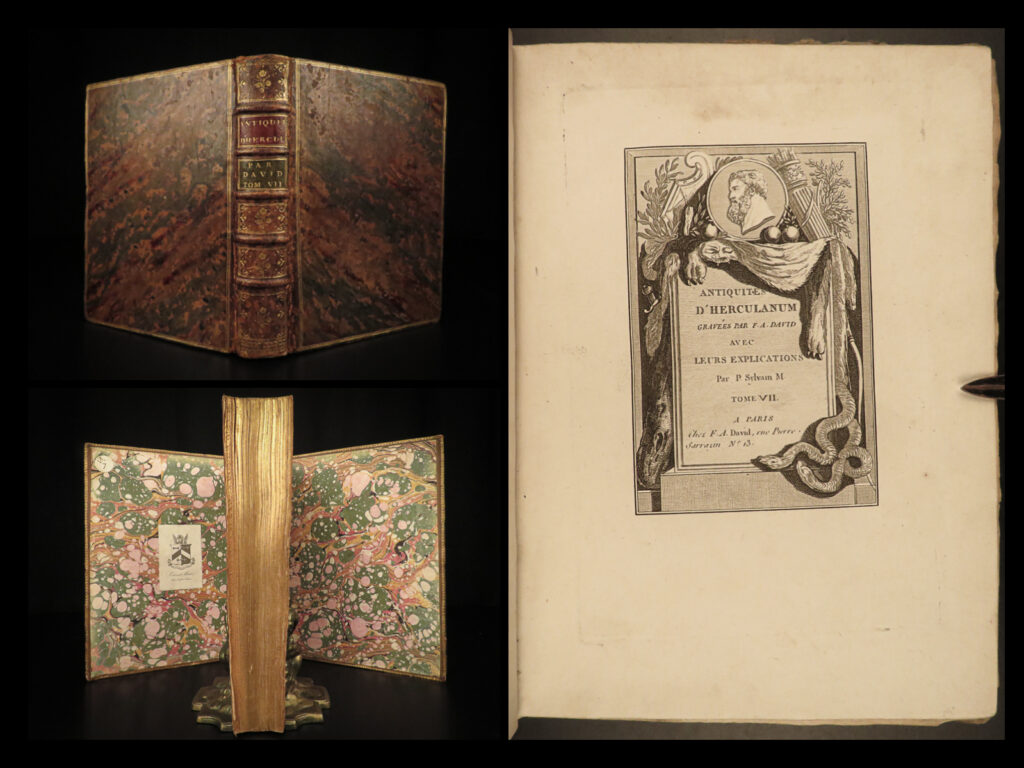 1781 antiquities of herculaneum ancient rome emperors erotica vesuvius pompeii | sylvain marechal was known for some of the best and most interesting illustrated works of history. Perhaps his most notable work was the ‘<em>antiquities of herculaneum’</em> – collections of hundreds of full-page engravings depicting ancient roman artifacts, art, coins, furniture, pottery, and more all found in herculaneum after its 18<sup>th</sup>-century discovery! This work contains 100+ illustrations each with explanations by françois-anne david.   this tome features 108 exquisite plates! Notable engravings include views of statues of roman emperors such as maximus, bizarre sexuality and erotica displays, and countless other engravings! A must see!