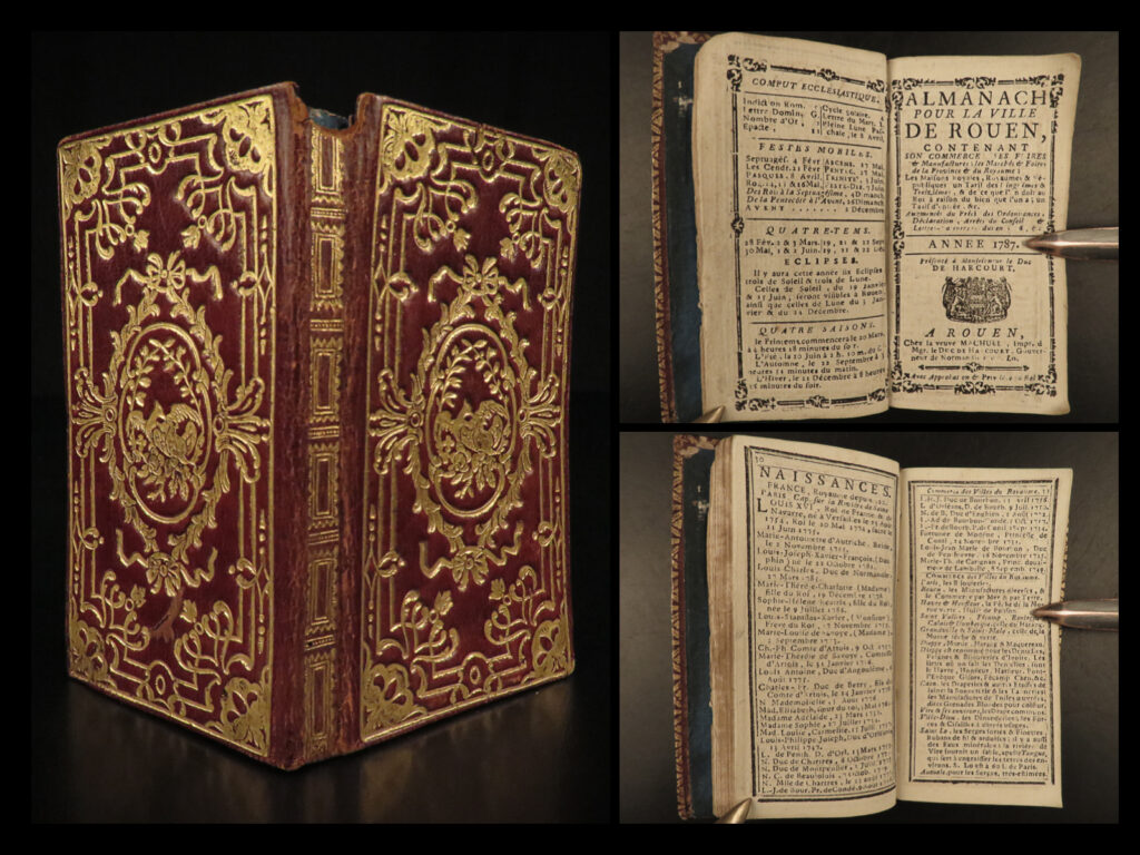 1787 tiny pocket-size french almanac european history moroccan fine miniature | a small, pocket-size french almanac, published in 1787. Like other similar almanacs, this book contains calendars, european historical dates and happenings, weather patterns, agriculture trends, and economic tables. A small tome bound in decorative moroccan leather.