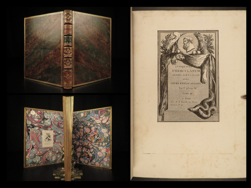 1789 antiquities of herculaneum ancient rome art pottery vesuvius pompeii rare |   sylvain marechal was known for some of the best and most interesting illustrated works of history. Perhaps his most notable work was the ‘<em>antiquities of herculaneum’</em> – collections of hundreds of full-page engravings depicting ancient roman artifacts, art, coins, furniture, pottery, and more all found in herculaneum after its 18<sup>th</sup>-century discovery! This work contains dozens of illustrations each with explanations by françois-anne david.   this eighth tome features 58 exquisite plates! Notable engravings include views of decorative scales, candle fixtures and holders, stools and furniture, pots and pitchers, and much more!
