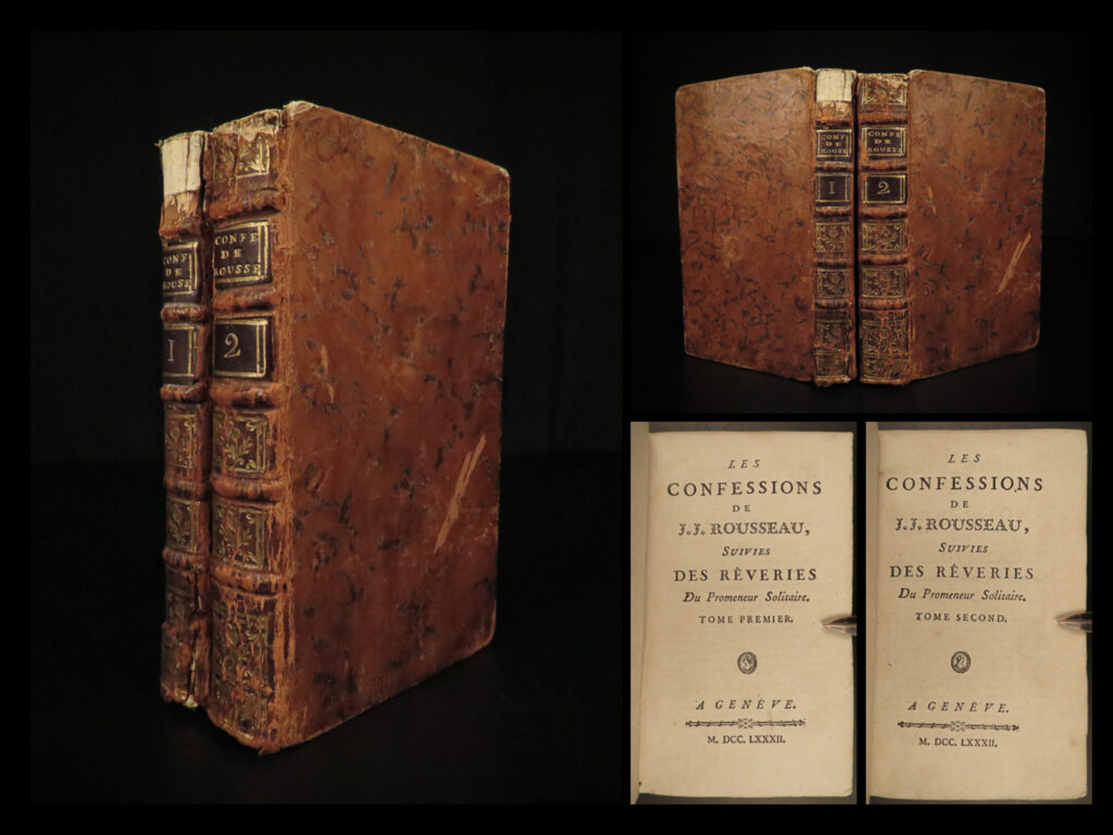 1782 confessions of jean-jacques rousseau autobiography enlightenment philosophy | <em>“people who know little are usually great talkers, while men who know much say little. ”</em> <em>― </em>jean-jacques rousseau <em> </em> jean-jacques rousseau was an 18<sup>th</sup>-century enlightenment philosopher whose political theories helped shape aspects of the french revolution. His “<em>confessions</em>” is simply his own autobiography. To this point, very few autobiographical works had been written, and, following the success of this work, many other autobiographies were published – a highly influential work!   this work discusses rousseau’s own feelings and outlooks on life, his great shames, successes, and even some controversial parts of his relationship with therese levasseur!   this 1782 edition of ‘<em>confessions’</em> was published as part of the complete works of rousseau.  