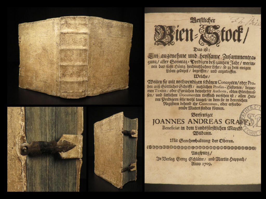 1709 rare german bible sermons johann graff augsburg vellum binding germany | a rare, early 18<sup>th</sup>-century collection of german sermons given for each day of the liturgical year. This work, collected by johann andreas graff, contains sermons on eternal life as well as spiritual sayings and texts. This large tome is finely bound in original vellum – a fine piece!
