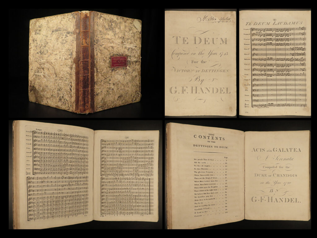 1788 handel composer dettingen te deum classical music austrian succession war | alongside johann sebastian bach, george frederic handel was one of the two greatest baroque music composers. Best known for his ‘<em>messiah’</em>, handel was responsible for hundreds of pieces of music, many of which were written with liturgical texts. Handel’s 1743 masterpiece ‘<em>dettingen te deum</em>’ was written in honor of the british victory at dettingen in the war of austrian succession.   handel, who had become proud of his english home, wrote this setting of ‘<em>te deum’</em> for the day king george ii appointed a day of celebration in honor of the victory. Like many of handel’s works, it features chorus, full orchestra, and solos.   this rare edition was printed in 1788 by arnold according to the “<em>stc of music printed before 1825</em>”.