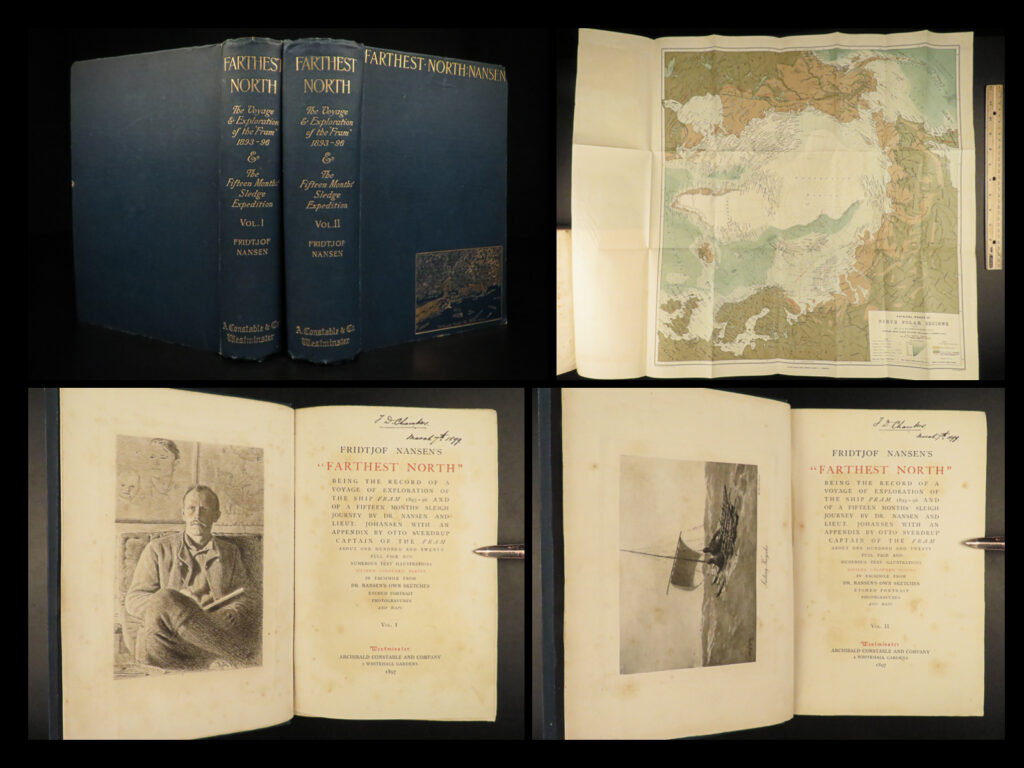 1897 1ed farthest north fridtjof nansen arctic north pole fram expedition eskimo | fridtjof nansen was a norwegian arctic scientist who voyaged throughout the north and was one of the most famous polar explorers of the 19<sup>th</sup>-century. During the fram expedition, he encountered large eskimo populations, learning from them and their nomadic tendencies in the new siberian islands, in search of the north pole. Nansen made extensive records of this journey which were published under the title ‘<em>farthest north’</em>.  