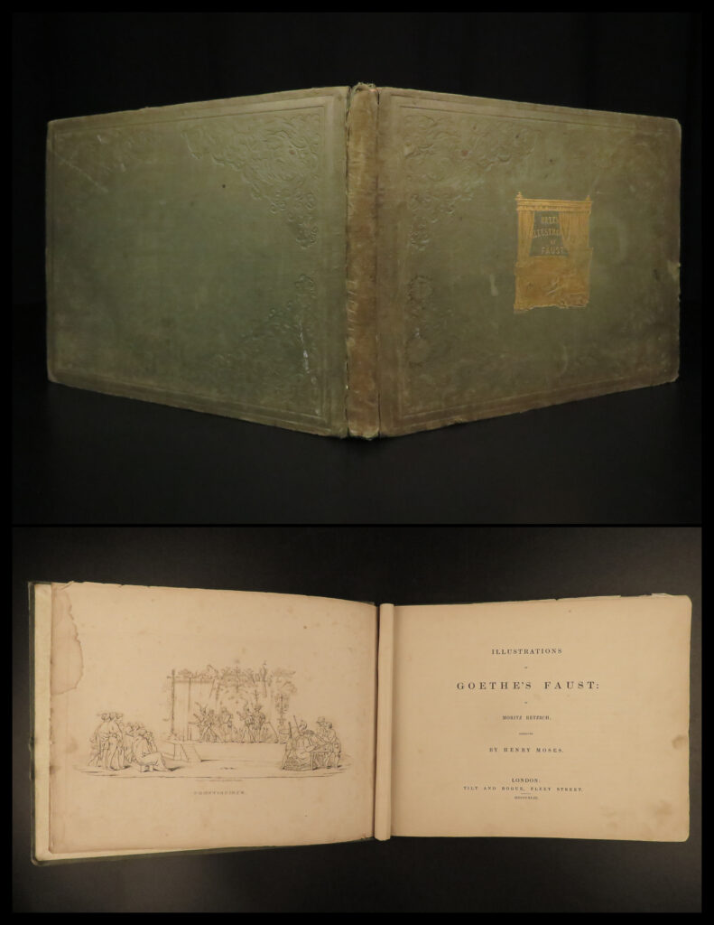 1843 1ed goethe faust tragedy moritz retzsch henry moses illustrations art folio | <em>“as soon as you trust yourself, you will know how to live. ” </em> ― johann wolfgang von goethe<em>, faust</em>   a rare 19<sup>th</sup>-century collection of 26 engraved plates illustrating the tale of the iconic german legend, ‘<em>faust</em>’. Best told by johann wolfgang von goethe, this printing of ‘<em>faust</em>’ is beautifully illustrated and engraved by esteemed artists; german painter moritz retzsch and english engraver henry moses.