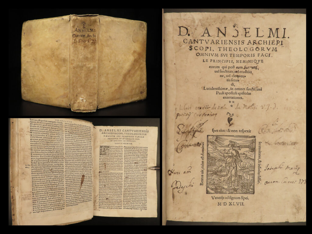 1547 saint anselm of canterbury bible epistles of paul benedictine scholasticism |   “<em>i believe in order that i may understand</em>. ” – anselm of canterbury   saint anselm of canterbury was an 11<sup>th</sup>-century benedictine monk and philosopher. While anselm was relatively unknown and unrecognized for his philosophical views during his lifetime, he has since been considered the founder of scholasticism and writing about the existence of god in an academic manner rather than purely theological. The odcc refers to anselm as being ‘the most luminous and penetrating intellect between st. Augustine and thomas aquinas…and the father of scholasticism’. Many of his writings set the stage for a european period of innovating logic, ethics, mysticism, and metaphysics.   this 1547 printing of the works of anselm features his commentary on the epistles of paul.