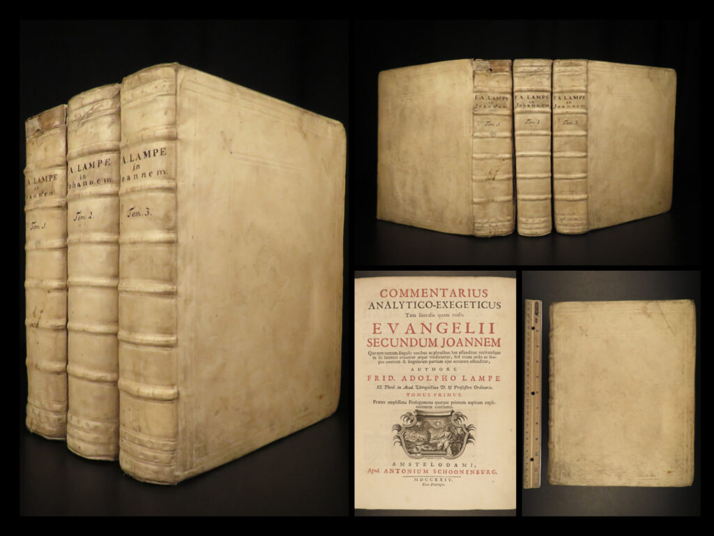 1724 friedrich lampe cocceian pietism bible & commentary on john 3v vellum set | friedrich adolph lampe was an 18<sup>th</sup>-century german pastor known for his cocceian theology and pietist sermons. One of his best works was his philosophical commentaries on the bible. This 1724 printing on the commentary of the book of the gospel of john was published in amsterdam by antonium schoonenburg.  