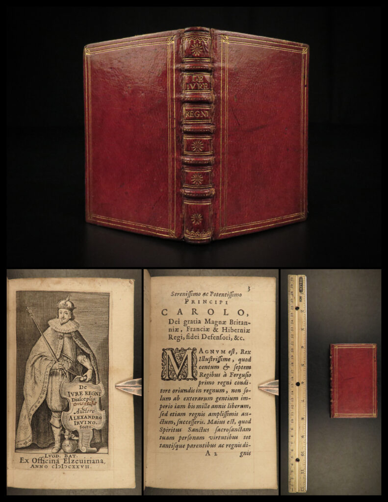 1627 1st ed de jure regni diascepsis irvine constantine catholic church popes | alexander irvino’s “<em>de jure regni discepsis</em>” is rather rare and obscure history of the church. <strong>published by elzevier</strong> in 1627, this small book discusses the reigns and rule of notable church figures and saints such as constantine, bellarmine, pope leo iv, augustine, theodosius, and many others. This small book is beautifully bound in fine, moroccan red leather with an engraved title page dedicated to charles i of england.