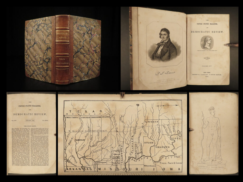 1844 texas us democratic review american trade jesuit missions death penalty |   “<em>the united states magazine and democratic review</em>” was a mid-19<sup>th</sup>-century american political periodical which <strong>became famous for its motto – ‘the best government is that which governs least”. </strong> first published in 1837, this magazine featured essays and anecdotes, letters and correspondence, and other forms of governmental communication.   this particular 1844 edition contains interesting topics including: <ul> <li>democratic party presidential nominations</li> <li><strong>an essay on free trade in america</strong></li> <li><strong>commerce and economics on the prairies</strong></li> <li>early christianity in america – jesuit missionaries in north america</li> <li>essay on the use of the death penalty <ul> <li>discussions on the abolition of the punishment of death</li> </ul> </li> <li><strong>essay on texas</strong></li> <li>notable works by john greenleaf whittier, nathaniel hawthorne, victor hugo, alfred tennyson, goethe, and many others</li> </ul>