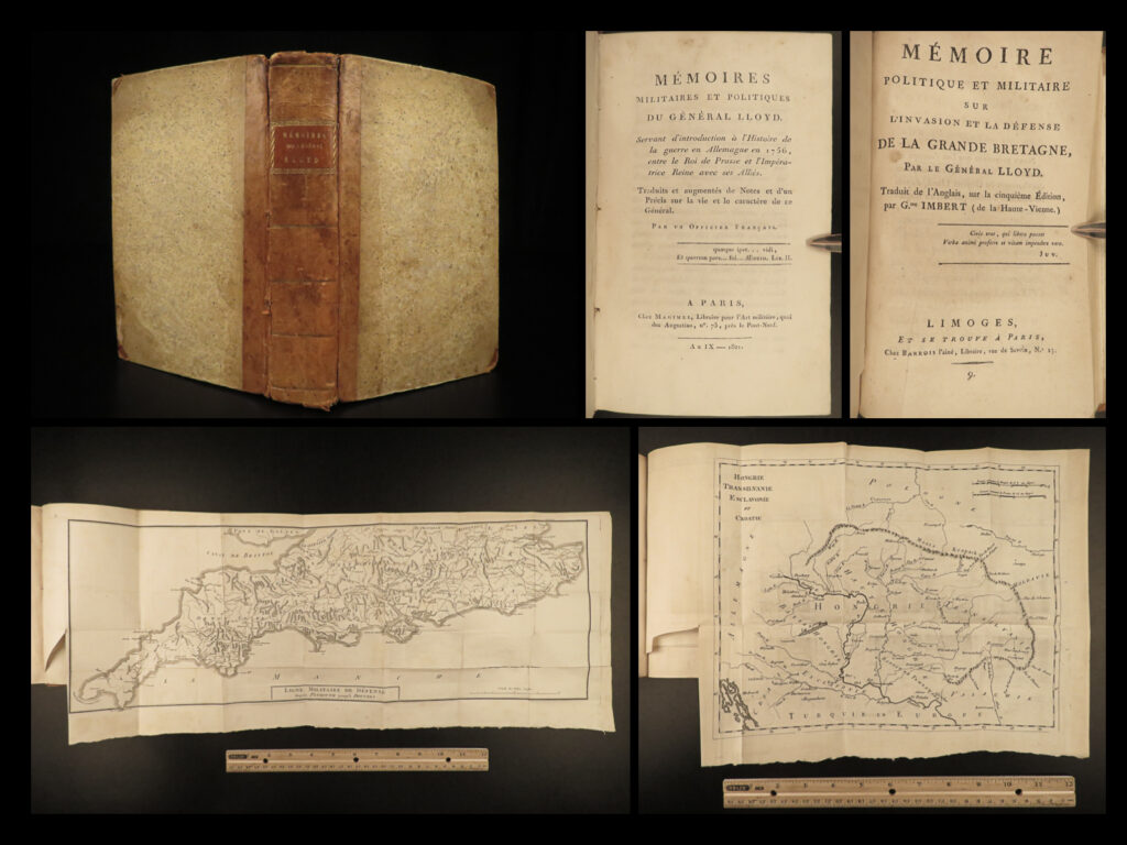 1801 maps henry lloyd war memoirs seven years war military manual prussia | henry lloyd was an 18<sup>th</sup>-century welsh soldier known for his involvement in numerous european wars. Over his life, he fought with french and austrian forces, russian campaigns, and even fought for and against great britain at different points. He wrote extensively on military theory and is known that <strong>george washington even studied his books on the science of war. </strong>   one of his books was “<em>history of the war in germany</em>” – lloyd’s most influential military book which became the standard for military instruction in the 18<sup>th</sup>-century. It provided training on soldier organization, operation preparation, and the use of math and science in military planning. First written in 1766, this book was a response to his time in the seven years’ war.   this early 19<sup>th</sup>-century french edition of lloyd’s ‘<em>history’</em> was published in paris and given the title ‘<em>military and political memoirs of lloyd</em>’. Note the <strong><u>inclusion of impressive folding maps</u></strong>!  