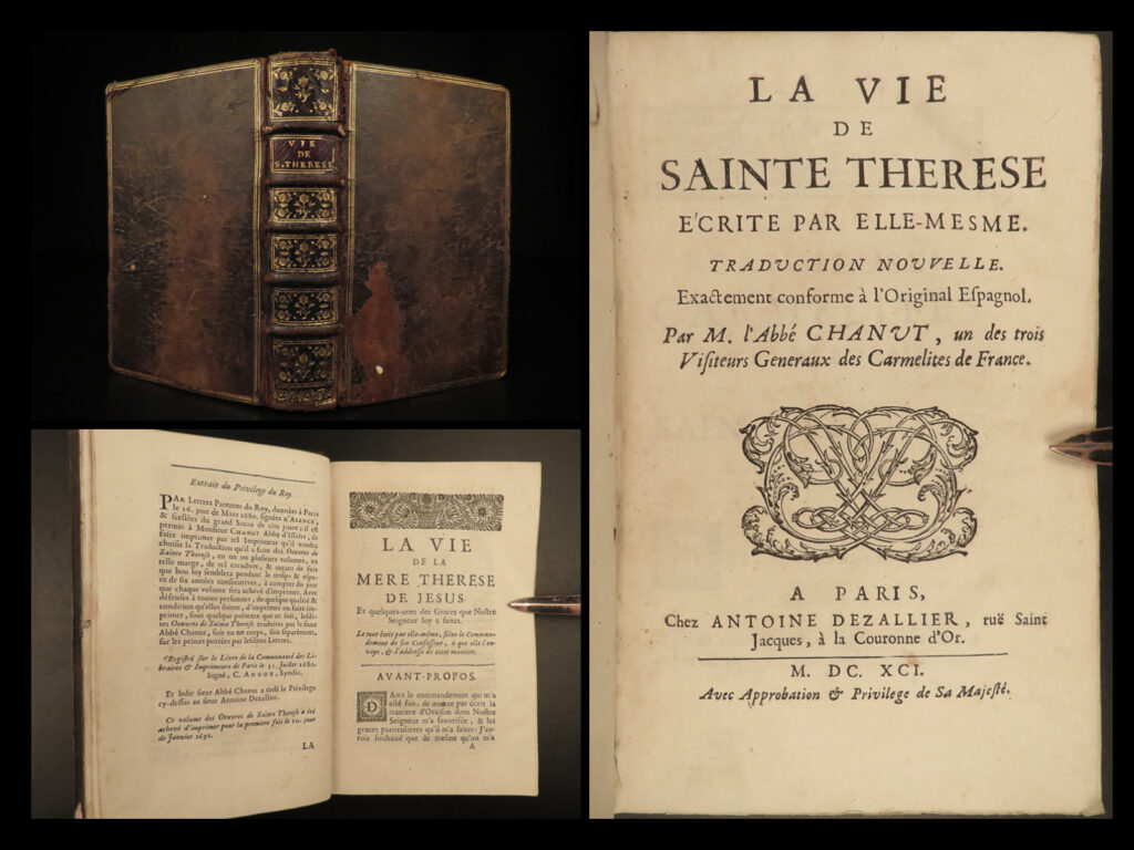 1691 catholic saint teresa avila mysticism spanish mystic carmelite nun monastic | <em>“i know by frequent experience that there is nothing which puts the devils to flight like holy water. ”</em> – st. Teresa of avila   saint teresa of avila was a 16<sup>th</sup>-century spanish mystic and carmelite nun who played an essential role in the counter reformation by reforming the carmelite order. Her written works are integral in the development of christian mysticism and personal meditation practices in the 16<sup>th</sup>-century.   this 1691 edition of the life of saint teresa of avila was collected and edited by martial chanut who includes introductory material dedicated to the carmelite nuns.