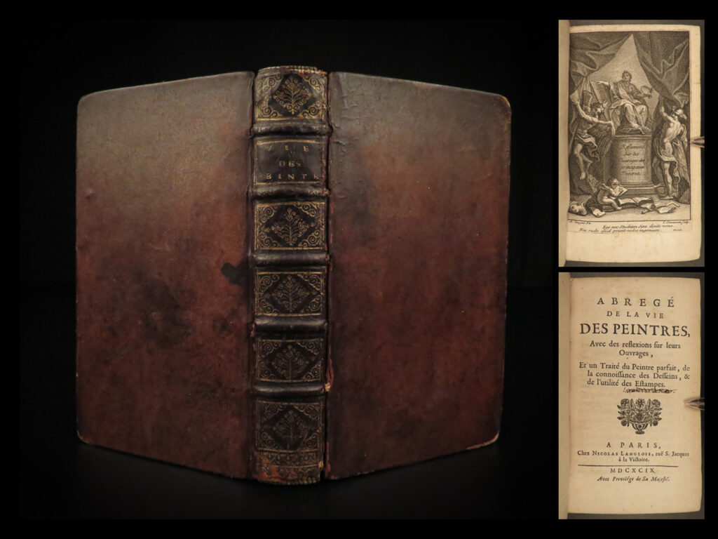1699 1ed da vinci michelangelo raphael rembrandt durer lives of famous painters | roger de piles was a 17<sup>th</sup>-century french painter who is best known for his book ‘<em>lives of the painters’</em>, first published in 1699. This book contains biographical descriptions of some of the most iconic and famous painters including leonardo da vinci, raphael, albrecht durer, rembrandt, and michelangelo. This book is organized by various artistic schools describing the techniques and styles used by each artist.