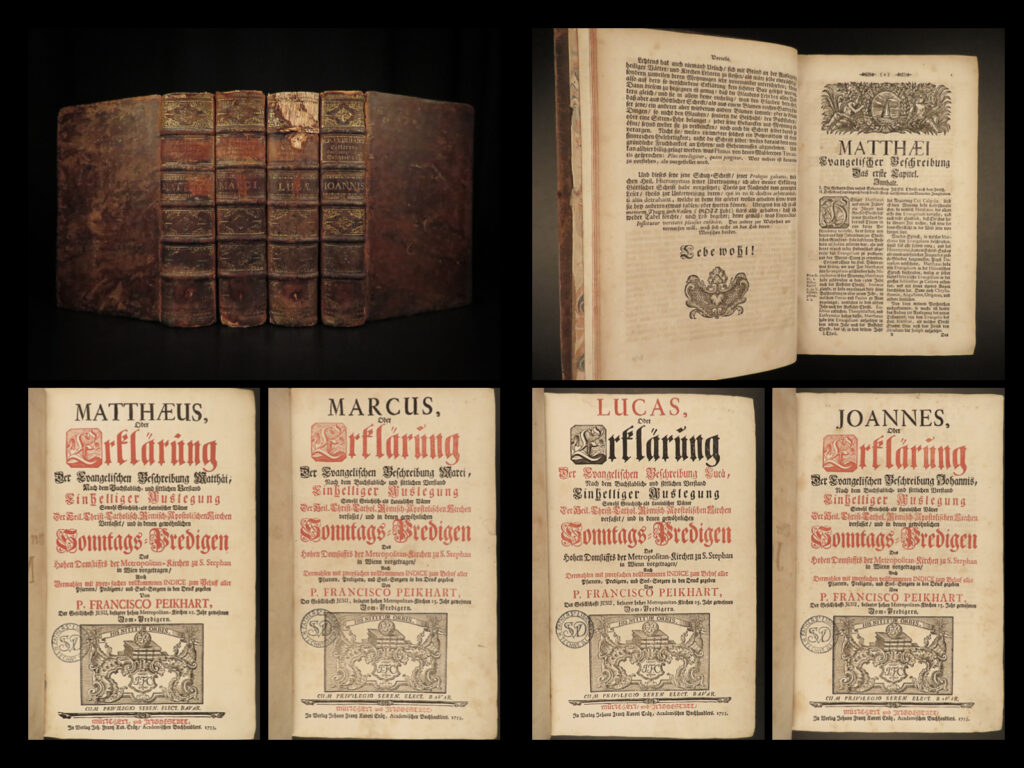 1753 peikhart jesuit bible & commentary german stephens cathedral vienna 4v huge | franz peikhart was an 18<sup>th</sup>-century jesuit priest who served at saint stephen’s in vienna. While little is known of his life and ministry, he did write an enormous commentary on the gospels of the new testament. These four huge tomes contain notes, anecdotes, and scripture passages from each of the four gospels, as well as sermons given at saint stephen’s cathedral.   this edition contains all four tomes, each book in its own volume, published in 1753 in munich and ingolstadt.