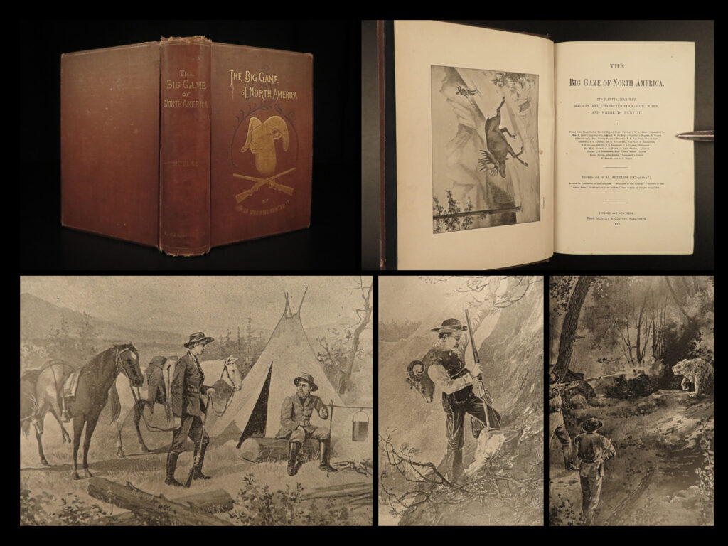 1890 1ed big game hunting of north america deer polar bears caribou wolves hunter | g. O. Shield’s “<em>big game of north america</em>” is a rare, late 19<sup>th</sup>-century account of hunting, particularly deer hunting, in north america. This work includes impressive, full-page engravings and descriptions of animal characteristics, focusing on some of the most desirable game animals in north america – mule deer, caribou, moose, grizzly and polar bears, buffalo, mountain goats, cougars, wolves, and wolverines!  