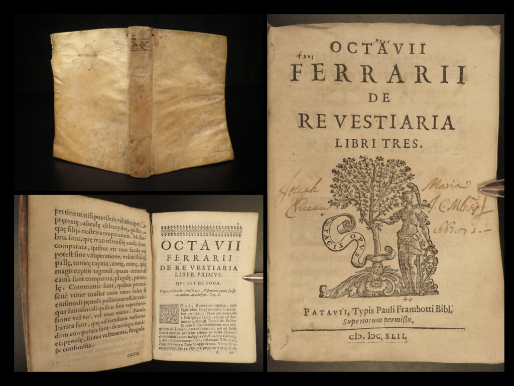 1642 1ed ancient rome costume clothing illustrated re vestiaria octavio ferrari | ottavio ferrari’s “<em>de re vestiaria</em>” is considered one of the best, and certainly most important studies of the costume of ancient rome. Originally published in 1642, this work <strong>consists of impressive, full-page engravings depicting roman clothing</strong> by artists giacomo ruffoni and giovanni george.   this first edition is <u>highly desirable</u> and very rare!