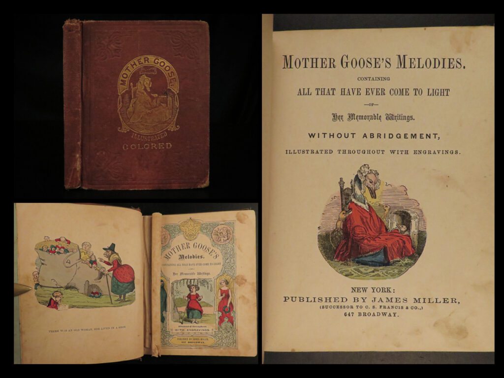 1869 mother goose’s melodies nursery rhymes children jack and jill miss muffett | there can hardly be found a name or pseudonym so synonymous with nursery rhymes as mother goose. This rare edition is delightfully illustrated and filled with famous mother goose nursery rhymes. Contained within are a variety of famous nursery rhymes including: <ul> <li>little jack horner</li> <li>hey, diddle diddle</li> <li>jack and jill</li> <li>one, two, buckle my shoe</li> <li>hush-a-bye baby</li> <li>little miss muffet</li> <li>pat-a-cake</li> </ul>