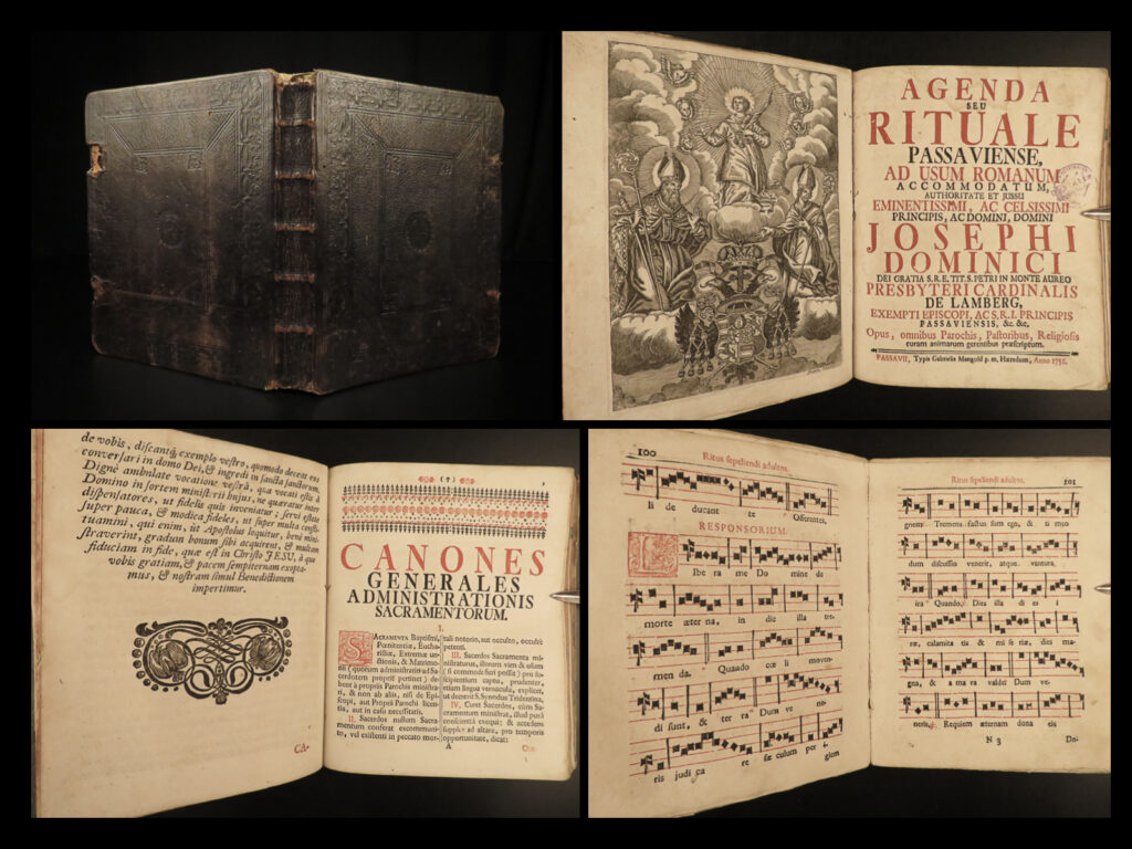 1751 exorcism prayers rare catholic passau ritual bavarian missal latin/german | catholic church <strong><em>agenda seu rituale passaviense : ad usum romanum accommodatum</em></strong> passavii [passau]: typis gabrielis mangold, 1751.   a rare 18<sup>th</sup>-century printing of the passau ritual. Southeast bavaria, during the 18<sup>th</sup>-century, was a heavily catholic region with cities such as munich and passau creating catholic rituals or breviaries that were written in latin and german because many of the church-goers did not understand latin. A german translation was added to many of the sections of the text to allow for a more thorough worship and prayer experience. This 1751 edition contains prayers, hymns and songs, scripture, and much more. However, it should be noted, that this edition does also <strong><u>contains exorcism prayers</u></strong> and scripture used in exorcisms. Item number: #21137 price: $750