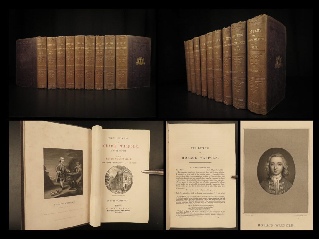 1857 letters of horace walpole noble english history satire horace mann 9v | <em>“the world is a tragedy to those who feel, but a comedy to those who think. ” </em> <em>― </em>horace walpole   horace walpole was an english historian during the 18<sup>th</sup>-century, known for his letters, his collection of writings on noble authors, art commentary, and philosophical novels. According to the 1819 ‘<em>london monthly review’</em> on walpole’s ‘<em>letters’</em>, <strong>“every page presents a lively anecdote of the fashionable and high characters of the day, a sneer, a satire, or a song. ” </strong> several of the letters provide the reader with insight to the kind of man horace walpole was – self-indulgent who saw others as a means to further his agendas. He was a cynic towards almost all living authors, and he was always conscious of his own favorite pursuits. (monthly, p. 13).  
