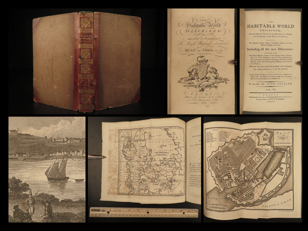 1790 1ed hudson bay map quebec indians iroquois tribe california canada trusler | ‘<em>the habitable world described’</em> is an enormous, fascinating history of the known world, collected and edited by john trusler. This work contains descriptions on countries and people groups from all over the world written to given english readers an understanding of unknown regions.   this 1790 volume contains descriptions of the customs and people of sweden, denmark, and persia, but perhaps the most interesting aspect of this volume is the vast information on the north america – canada and california. This section details the customs of the iroquois people, the hurons, miemis, and oswego (all of whom are referred to as ‘savages’ throughout). Note the early maps of america and canada with views of indian tribes included.