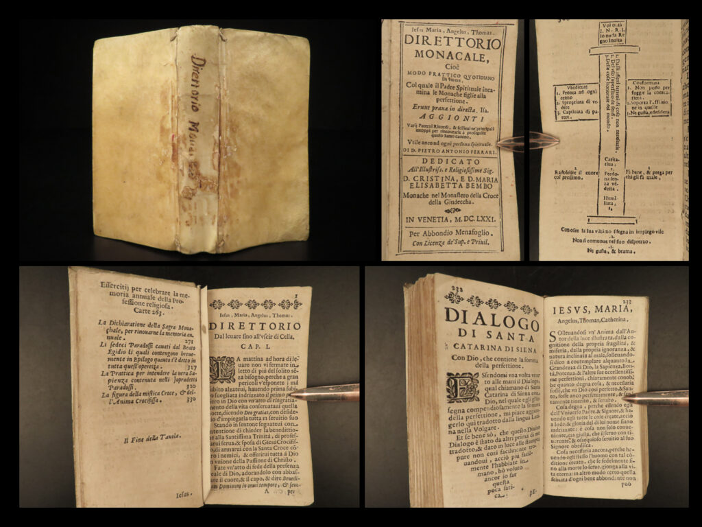 1671 direttorio monacale monastics monks nuns catholic prayers venice ferrari | pietro ferrari’s “<em>direttorio monacale</em>” is a rare 17<sup>th</sup>-century monastic dictionary written to offer practical direction and advice to nuns and monks. Ferrari discusses the most common obstacles that clergy, monks, and nuns face, offering tactics on relief from temptation and difficult situations. It also contains prayers, instruction for communion, and much more.