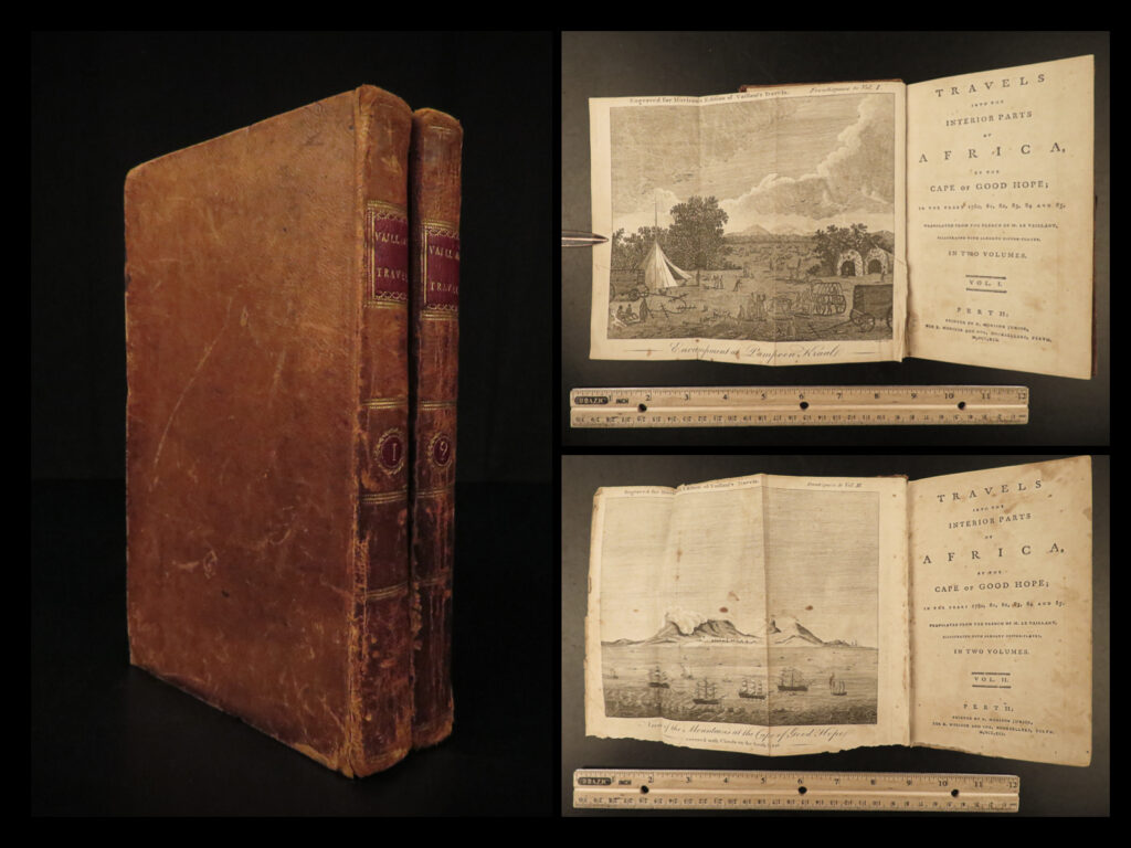 1791 africa voyages vaillant hottentot ethnology zoology giraffe illustrated 2v | françois le vaillant was an 18<sup>th</sup>-century french explorer known for his descriptions of animals and birds in africa. In 1780, he began a voyage to the cape of good hope with the dutch east india company. While there, he collected various specimens of animals and plants, and encountered local natives, the hottentot people. These two volumes include views of the hottentots and their villages, as well as birds, and large african mammals such as giraffes.   this 1791 english edition is famous for its inclusion of uncensored depictions of hottentot men and women within the 9 full-page engravings.