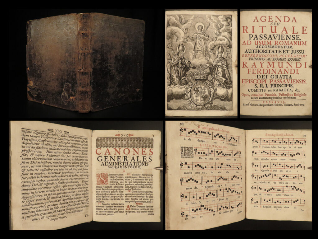 1719 rare catholic demon exorcism prayers passau ritual bavarian missal bavaria | catholic church <strong><em>agenda seu rituale passaviense : ad usum romanum accommodatum</em></strong> passavii [passau]: apud mariam margaretham höllerin, 1719.   a rare 18<sup>th</sup>-century printing of the passau ritual. Southeast bavaria, during the 18<sup>th</sup>-century, was a heavily catholic region with cities such as munich and passau creating catholic rituals or breviaries that were written in latin and german because many of the church-goers did not understand latin. A german translation was added to many of the sections of the text to allow for a more thorough worship and prayer experience. This 1719 edition contains prayers, hymns and songs, scripture, and much more. However, it should be noted, that this edition does also <strong><u>contains exorcism prayers</u></strong> and scripture used in exorcisms.