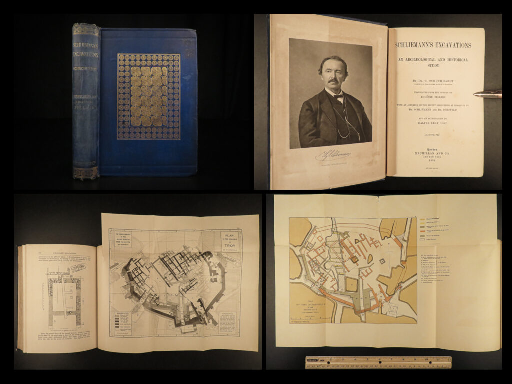 1891 1ed schliemann excavations archaeology mycenae agamemnon troy hissarlik | a rare first edition printing of the biographical and historical treatise, ‘<em>schliemann’s excavations</em>’ by dr. Carl schuchhardt. Dr. Heinrich schliemann was a famous german archaeologist with numerous monumental discoveries across his vast body of work, primarily related to the bronze age of greece. Notably his excavational work at the mycenae where the famous shaft graves were discovered along with the burial “mask of agamemnon. ” further, he and dr. Wilhelm dorpfeld excavated hissarlik, the location of ancient troy.   dr. Schliemann would pass away during the translation of this work thus additional biographical notes would be included prior to the formal english publishing in 1891.
