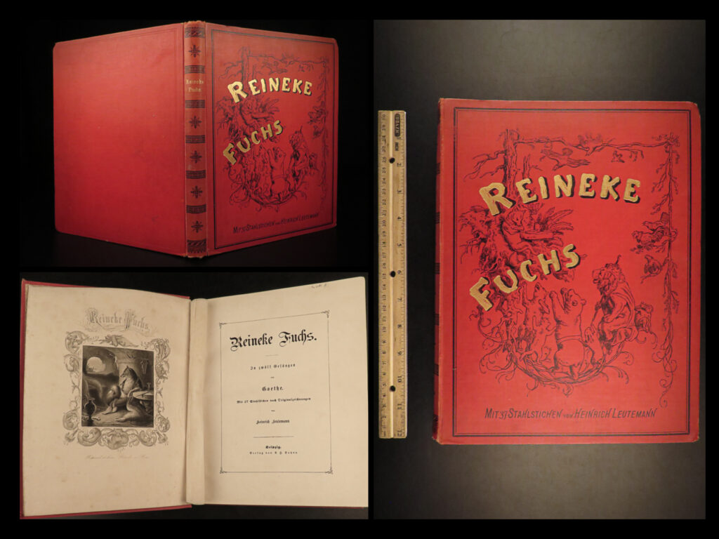 1872 reynard the fox fairy tale illustrated leutemann german reineke fuchs goethe | reynard the fox has been a staple of fairy tale lore for centuries, with many countries, such as german, france, and other low countries, claiming the honor of his ‘birth-place. ’ told as a brute-epic, this tale of cunning mischief was finally written and printed during the late 15<sup>th</sup>- and early 16<sup>th</sup>-centuries. In fact, some scholars believe the origins of reynard to have come from the 9<sup>th</sup>-century! <em> </em> this undated, 19<sup>th</sup>-century edition of ‘<em>reynard’</em> is especially famous for its 35 exquisite full-page engravings of the artwork of heinrich leutemann. Leutemann was recognized for his illustrations of animals which appeared in various zoological works in the 1850s, unquestionably inspiring publisher a. H. Payne to use leutemann for this leipzig edition of ‘<em>reineke fuchs’. </em>