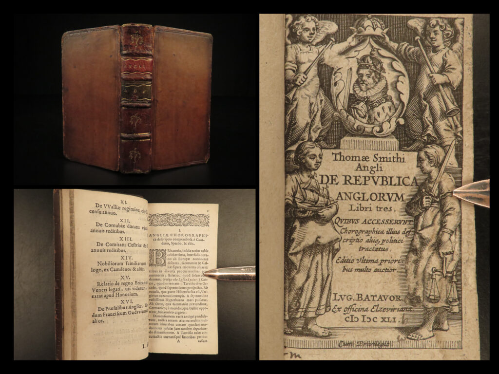 1641 english constitution law government de republica anglorum smith england | an incredibly rare and impressive elzevier printing of thomas smith’s “<em>anglorum</em>”. During the first half of the 17<sup>th</sup>-century, elzevier published numerous works on european countries designed for travel and studies (<em>respublica)</em>. Smith, a 16<sup>th</sup>-century english diplomat, was the secretary of state under king edward vi of england. He also served under elizabeth i, and was one of her most trusted protestant advisors. His most important books was ‘<em>de republica anglorum’</em> – in which smith described england’s government style as a commonwealth. <strong>this work has become a staple in the study of the english constitution. </strong>