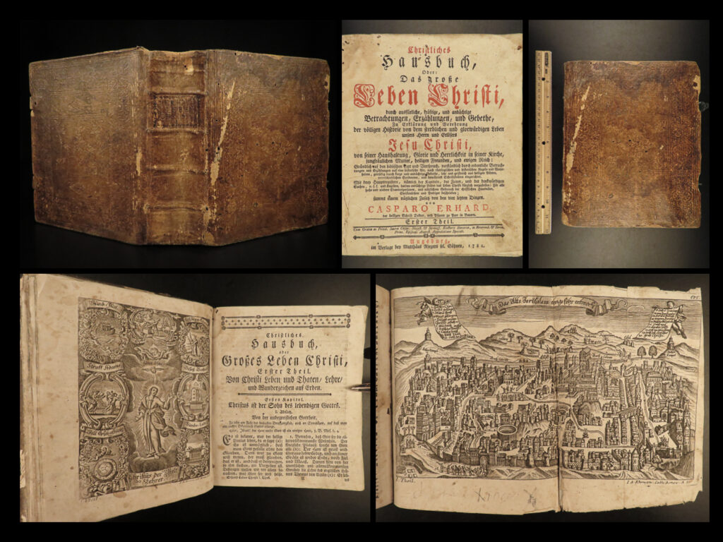 1782 holy land map jerusalem erhard christian hausbuch german bible devotional | a rare, large 18<sup>th</sup>-century german devotional by caspar erhard. ‘<em>christian housebook’</em> is an important historical account of the life of jesus christ, supplemented with prayers, bible stories and commentary, scripture explanations and references. This work contains incredible, full-page engravings including a double-paged city view of jerusalem!