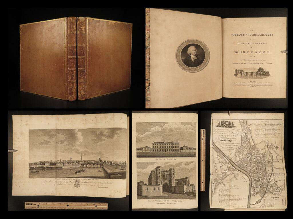 1796 1ed history of worcester england britain antiquities architecture coins 2v | valentine green was an 18th-century british publisher who is known for his impressive engravings of iconic english locations and antiquities. His most memorable work was his book on the history worcester, a book filled with views of churches, coins, and english architecture.   this fine 1796 first edition is two volumes includes 26 full-page and folding engraved plates throughout!