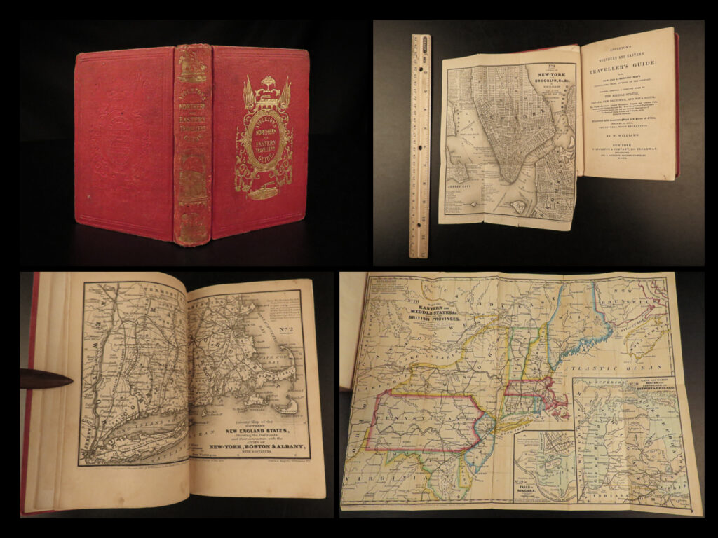 1850 1ed illustrated atlas traveler’s guide maps niagara railroads new york & usa | in the mid-19<sup>th</sup>-century, appleton produced numerous travel guides for the united states, canada, mexico, and europe. This guide is an interesting 1850s travel guide to the ‘middle states’ of canada, nova scotia, and new brunswick, as well as other northern and eastern sections of america. The railroad and steamboat companion concentrates on the eastern united states and canada but discusses also southern and mid-western states. Interesting topics includes: <ul> <li>origins and development of the railroad and steamboats</li> <li>different railroads</li> <li>routes in different cities</li> <li>the white mountains</li> <li>new york</li> <li>boston</li> <li>new hampshire</li> <li>new brunswick</li> <li>baltimore</li> <li>south carolina</li> <li>georgia</li> <li>new orleans</li> <li>and many more! </li> </ul>   this 1850 edition by wellington williams is illustrated with maps and city views, as well as numerous in-text engraved vignettes, of which many plates are double page and fold out maps!