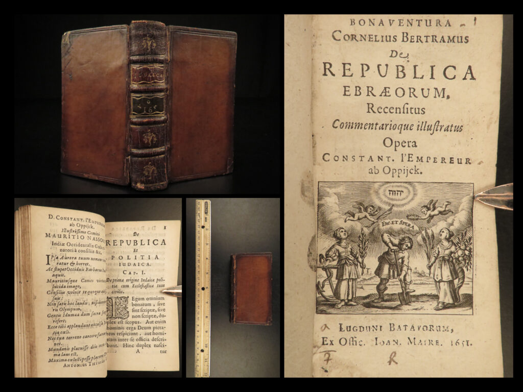1651 hebrew republic by bertram jewish politics josephus israel respublica rare | an incredibly rare and impressive elzevier printing of thomas corneille bonaventure bertram ‘<em>republica hebraeorum’</em>. During the first half of the 17<sup>th</sup>-century, elzevier and its extensions published numerous works on european countries designed for travel and studies (<em>respublica)</em>. Bertram’s ‘hebrew republic’, which was first published as “<em>jewish politics, civil and ecclesiastical</em>” follows many of the important topics first delivered by josephus but expounded on in such a way that helped define what the modern republic in israel would become.