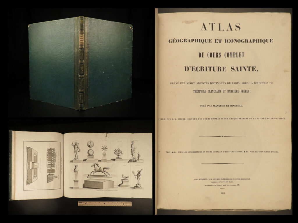 1844 bible atlas holy land maps egypt israel coins torture crucifixion mandrake | a rare and highly desirable 19<sup>th</sup>-century atlas of all of the important locations in the bible!   published in paris in 1844, this enormous tome contains huge illustrations containing figures of biblical figures and locations such as the ark of the covenant, the temple at jerusalem, and mount sinai. However, the most desired aspect of this book is the full-page maps – maps of egypt, israel, canaan, syria, and more.   other curious illustrations found in this book include views of: <ul> <li>mandrake plant with human features</li> <li>torture scenes – <ul> <li>stoning, crucifixions, hangings, wagon crushing under iron spikes, burning at the stake, beheading, elephant trampling, flogging</li> </ul> </li> <li>biblical era coins</li> <li>tombs and burial practices</li> </ul>