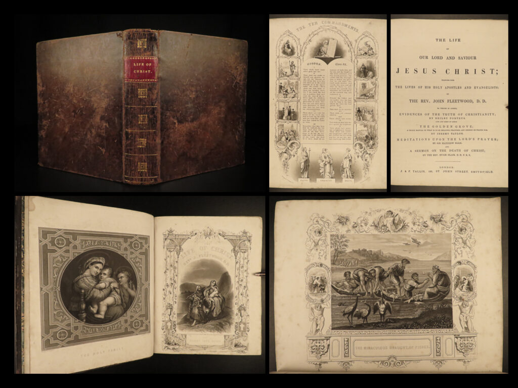 1850 life of jesus christ fleetwood bible art miracles jerusalem holy land |   <em>“no event that ever did, or perhaps will happen, can more remarkably display the wisdom and power of the great jehovah, than the glorious manner in which he brought life and immortality to light, by the gospel of his son, manifested in the flesh. ” </em> <em>­</em>– fleetwood, <em>life of jesus christ</em> <em> </em> a rare early 19<sup>th</sup>-century example of john fleetwood’s famous book on the life of jesus. This book uses biblical passages as a basis for this ‘biography’ of the life of jesus christ. Fleetwood covers the birth of jesus, the angelic visitation to mary, decree of taxation and the massacre of infants, jesus’s baptism, first miracles, temptation in the desert, calling of disciples, jesus curing leprosy and palsy, and the trial, crucifixion, and resurrection. Other important topics include: <ul> <li>establishment and differences in sects of the jews</li> <li>demolition of temple of jerusalem</li> <li>leprosy found in samaria</li> <li>details of the jewish council, sanhedrin</li> <li>short biographies / lives of the apostles of jesus</li> </ul> <em> </em> this 19<sup>th</sup>-century edition features numerous full-page engravings.