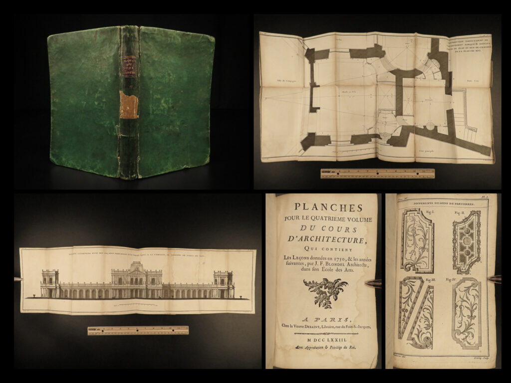 1773 1ed french architecture blondel illustrated palaces garden fountains stairs |   jacques-françois blondel was an 18<sup>th</sup>-century french architect known for his contributions to the royal academy of architecture much in part to his book ‘<em>cours d’architecture’</em>. This book became one of the most important works of french architecture of its era, not only for lessons in architecture and building but for the exquisite folding engravings that were published with it.   this rare volume of engravings from blondel’s famous work contain views of grand staircases, fountains, gardens and garden layouts, vases, palace facades, and even city and chateau floor plans! An impressive tome with <strong>52 exquisite engravings! </strong>