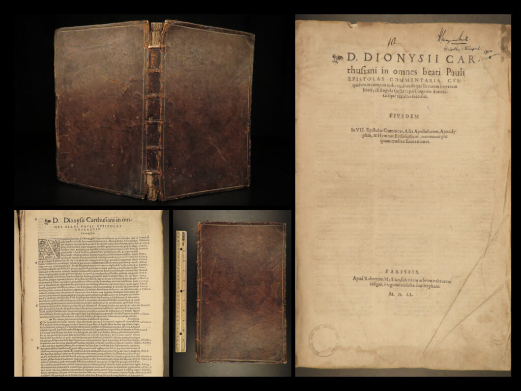 1551 1ed denis the carthusian bible & commentary new testament saint paul folio | the works of denis the carthusian were important contributions to roman catholic doctrine. He published some 900 sermons and began commenting on scripture in 1434, which became immensely popular after pope eugene iv promoted his works. In fact, he was so highly regarded, that he was considered an oracle and prophet by bishops and common men alike.   this folio collection of denis’s bible commentaries was published in paris in 1551 by robert masselin and features his commentary on the pauline epistles.