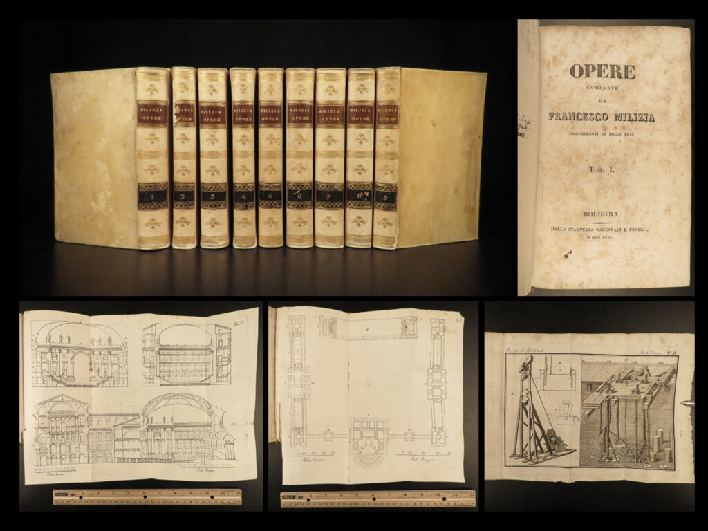 1826 architecture & art history francesco milizia greco-roman illustrated vellum | francesco milizia was an 18<sup>th</sup>-century italian writer of fine arts and art theory. He had a passion for greco-roman art and was highly critical of neoclassical art, much of which is portrayed in this stunning 19<sup>th</sup>-century collection of his works. These fine vellum-bound tomes feature folding and full-page engravings of art and architecture – the first volume is of particular desirability – large folding illustrations of italian architecture and floor plans!