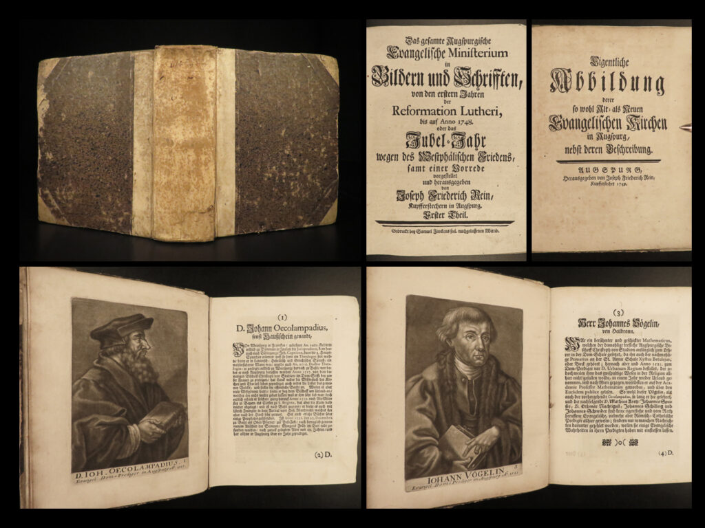 1749 1ed protestant reformation preachers 200 portraits augsburg churches luther | “<em>das gesamte augspurgische evangelische ministerium</em>” is an impressive and stunning 18<sup>th</sup>-century illustrated history of the entire protestant reformation through 1748. Collected and edited by joseph rein, this book contains biographies hundreds of the most important and influential figures such as: <ul> <li>johannes oecolampadius</li> <li>urgan rieger</li> <li>stephan agricola</li> <li>wolfgang musculus</li> <li>and hundreds more! </li> </ul> in addition to portraits of protestant preachers, the final section of this book is concerned with the actual protestant churches in augusburg in the 16<sup>th</sup> -18<sup>th</sup>-century with fine illustrations of the buildings themselves.  