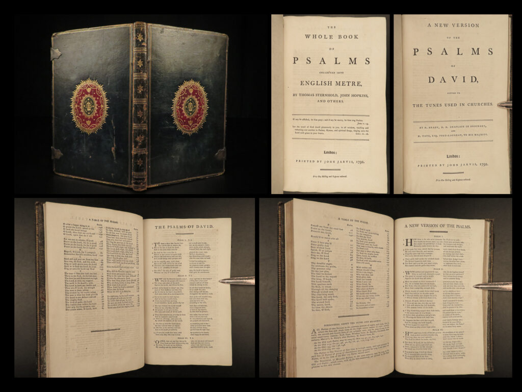 1792 exquisite book of bible psalms church of england anglican jhs fine binding | a rare and desirable 17<sup>th</sup>-century edition of ‘<em>the book of psalms</em>. ’ this english printing, published by the church of england, features the metrical version derived by thomas sternhold and john hopkins. This 1792 london edition was published by jarvis and contains two versions of the psalms – the traditional metered sternhold and hopkins version and then a ‘new version’ of each psalm written to be sung to hymn tunes in english churches.   interestingly, this particular example features a rare, fine binding with ‘jhs’ embossed on the front cover.