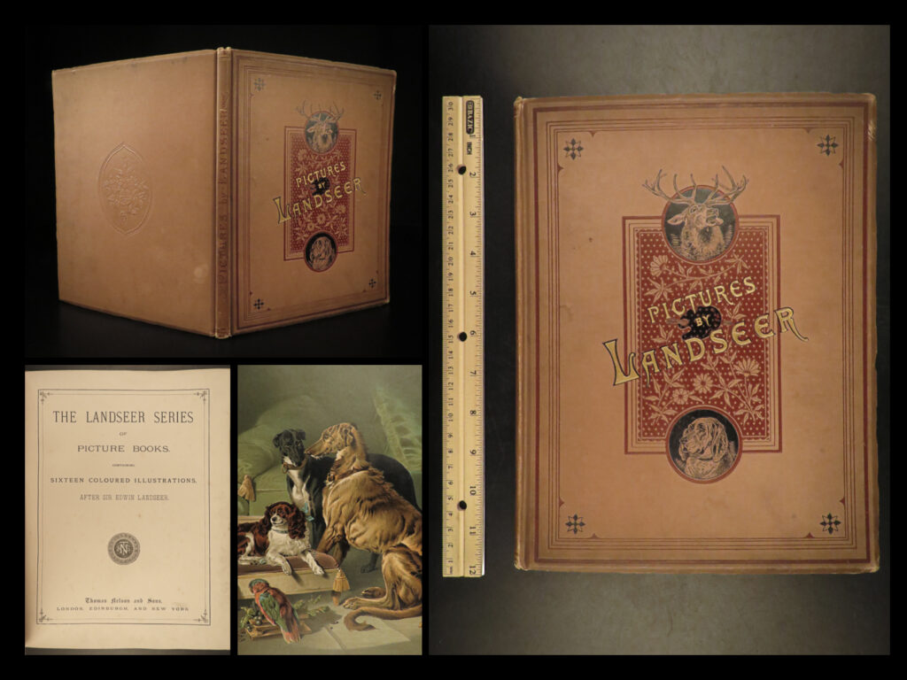 1880 dogs 1ed sir edwin landseer art painting horses animals bunnies deer folio |   a scarce first edition of the ‘<em>landseer series of picture books</em>’ art collection. This contains sixteen gorgeous linen-backed chromolithographic colored plates by esteemed english artist, sir edwin landseer. Landseer’s iconic style is on full display in this volume, featuring pastoral scenes and animals such as stags, rabbits, horses, and of course dogs that made his art popular during his lifetime. Of particular note is the inclusion of the piece “a distinguished member of the humane society,” which portrays the breed of newfoundland dog that came to share his name.