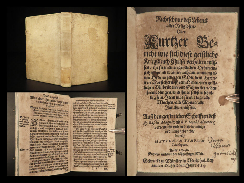 1614 world pagan religions from protestant eyes tympius german munster clasps | matthaeus tympius’s “<em>richtschnur deß lebens aller religiosen</em>” is a <strong>rare, early 17<sup>th</sup>-century historical account of the world’s religions written from a protestant perspective</strong>. This book was written describe the spiritual struggles of christians with direction on how to act and behave.