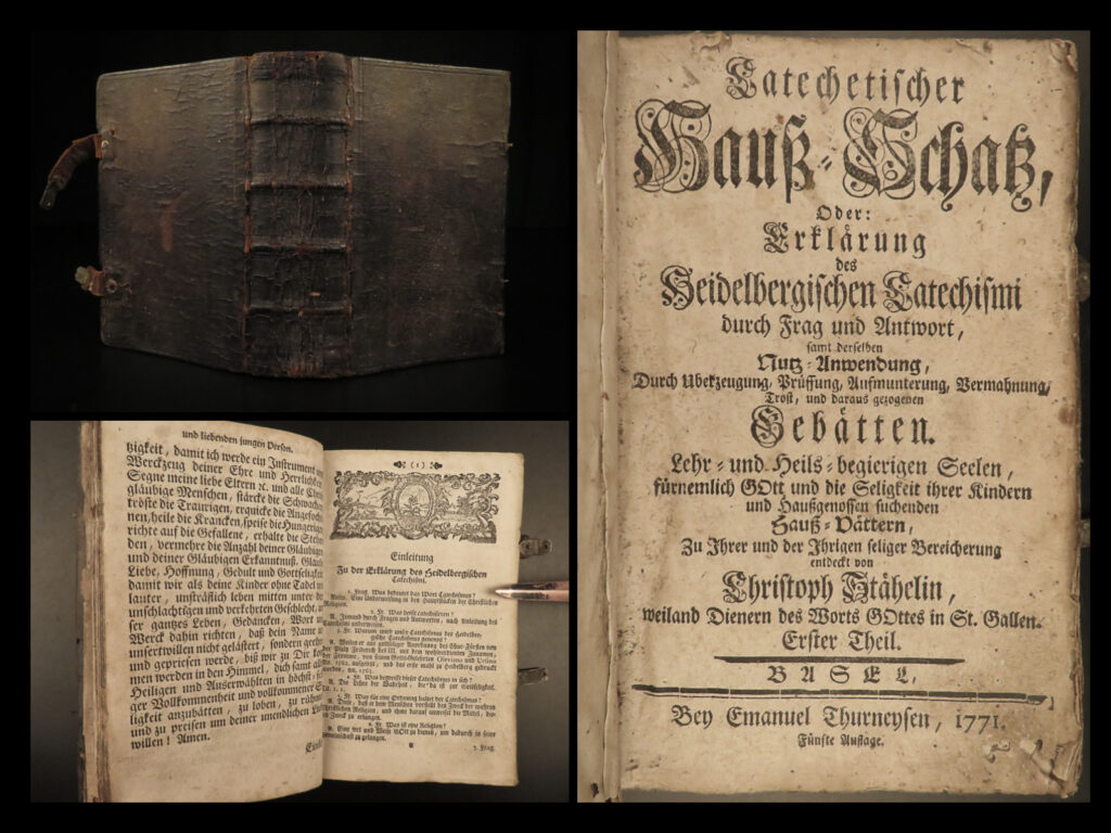 1771 heidelberg catechism huguenot calvinism basel swiss bible reformed theology | a rare explanation and commentary on the heidelberg catechism, published in 1771 in basel. The heidelberg catechism was a protestant treatise written in the 16<sup>th</sup>-century as a way to supplement teaching reformed christianity, calvinistic doctrine. It outlines the fall of man, redemption of sin, justification of faith, and gratitude to be shown for that forgiveness. Scripture references are used throughout, along with important christian sacraments and ceremonies.