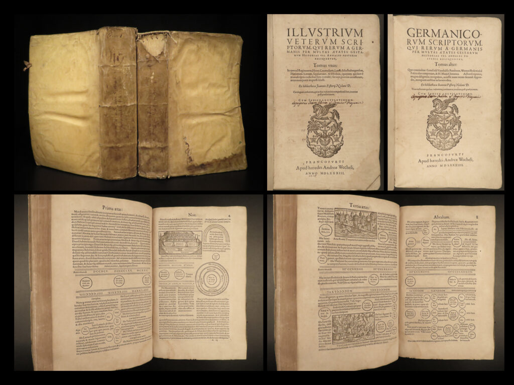 1583 1ed pistorius medieval german chronicle sigebertus folios saxon inquisition | johann pistorius was a 16<sup>th</sup>-century historian who published a number of anti-protestant works each of which demonstrated his knowledge of his despised theological opponents such as martin luther. One of his rather unknown works was his collection of the works of medieval chroniclers including the works of marianus scotus, sigebertus of gembloux, lambert of hersfeld, roberti de monte (torigni), and hermannus contractus of reichenau all of whom were known to chronicle the history of germany and germanic tribes. This enormous two-volume set of vellum-bound folios is a stunning display – truly remarkable! Point of interest: on the title page, written in 16<sup>th</sup>-century hand, an explanation is provided that this book had been expurgated according to the index of forbidden books! It explains why many of the pages had been marked out – an anti-lutheran author marked up by a roman catholic censor!