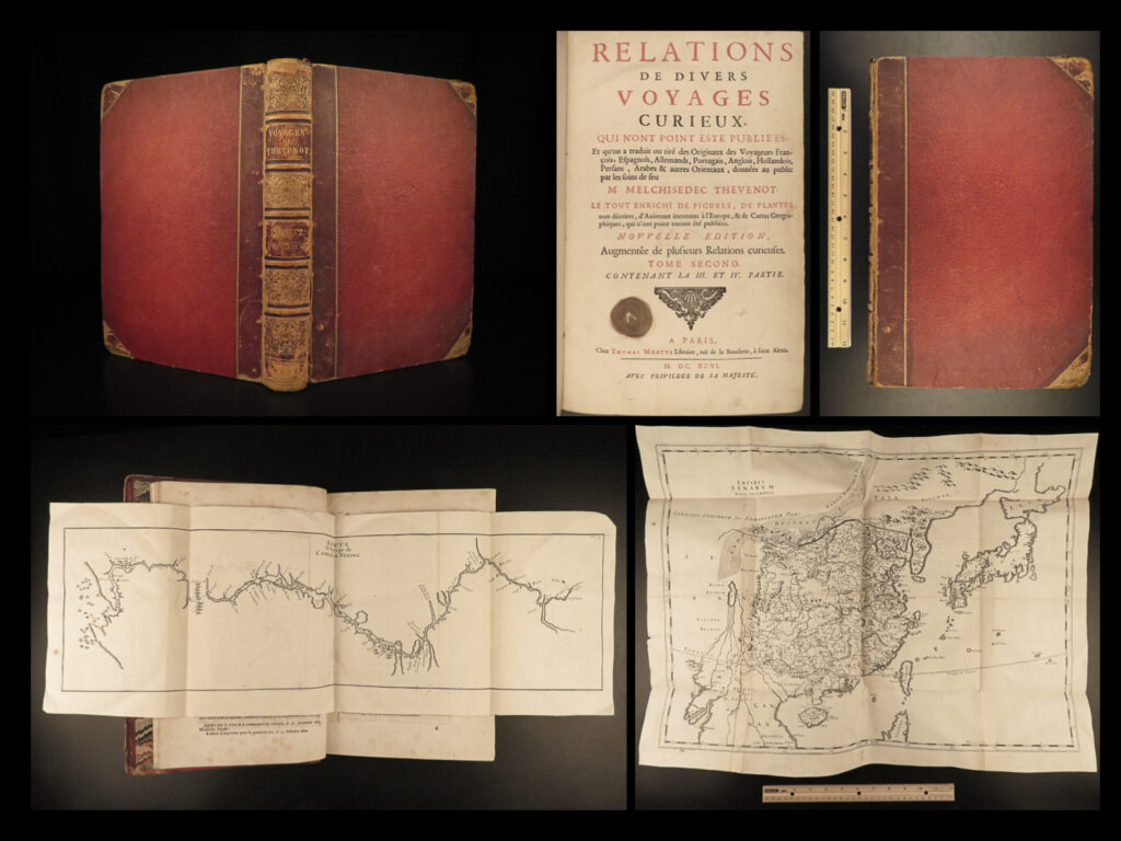 1696 thevenot voyages curious china ethiopia maps jeronimo lobo mexico spain | malechisedech thevenot was a 17<sup>th</sup>-century french historian, known for an extensive list of scholarship. One of his best works was ‘<em>relations de divers voyages curieux’</em> – a collection of descriptions of various world discoveries.   notable contents found in this book include: <ul> <li>chinese empires: xanxi, xangtung, honan, sushuen, kiangsi, kinagnan, quangtung,</li> <li>japanese empires</li> <li>ethiopian history, lower and upper ethiopia</li> <li>giovanni grueber in china</li> <li>life of confucius</li> <li>voyages of jerónimo lobo</li> <li>history of mexico and spanish voyages in central america</li> <li>portuguese conquests in the orient</li> </ul>   this highly valuable and extremely desirable volume contains 15 full-page and double-page engravings, illustrations that are known to be extracted and framed. It is incredibly rare to find these illustrations still intact in the book itself.  